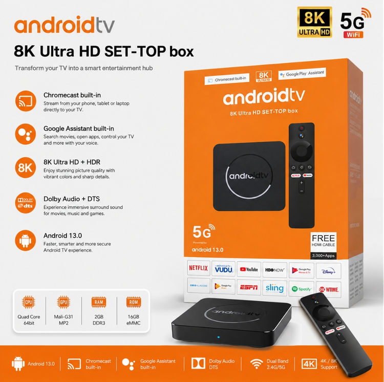 اندروید تیوی باکس 8K مدل Android TV Box | رم 2GB حافظه 16GB | اندروید 13